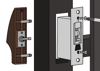交換用の外部化粧座と外部錠ケースを取り付け、ネジで仮止めする