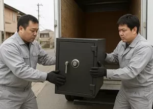 金庫を回収する作業着を着た男性2人