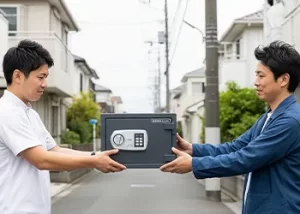 金庫を譲渡する男性